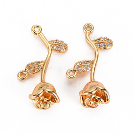 Brass Micro Pave Clear Cubic Zirconia Links Connectors, Nickel Free, Flower