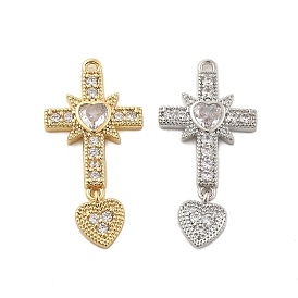 Латунные микропаве прозрачные подвески с фианитом, крестик с сердечками, стойки покрытие, долговечный, без свинца и без кадмия