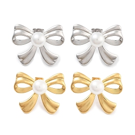 304 Stainless Steel Studs Earrings, with ABS Imitation Pearl, Bowknot