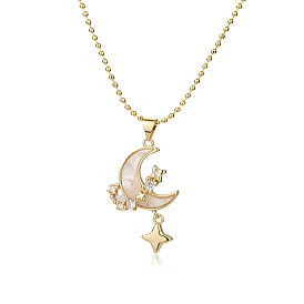 Brass Clear Cubic Zirconia & Shell Moon Star Pendant Ball Chain Necklaces for Women