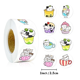 Round Paper Cat in Cup Cartoon Sticker Rolls, Decorative Sealing Stickers for Gifts, Party, Kid's Art Craft