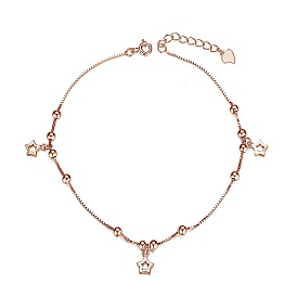 925 Sterling Silver Charm Anklet, with Box Chains and Round Beads, Star(Chain Extenders Random Style)