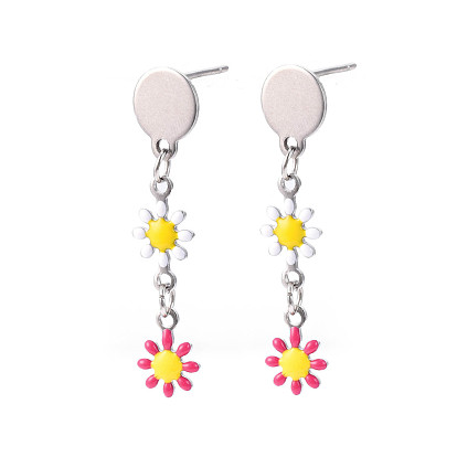 Longues boucles d'oreilles pendantes en émail fleuri, plaqué de couleur en acier inoxydable 304 bijoux en acier inoxydable pour femmes