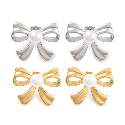 304 Stainless Steel Stud Earrings, with ABS Imitation Pearl, Bowknot