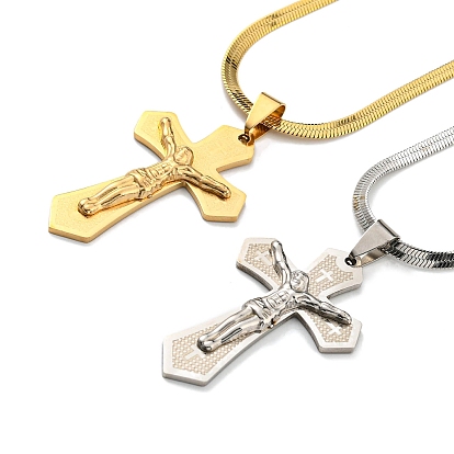 304 Stainless Steel Cross with Jesus Pendant Necklaces, Snake Chains Necklaces for Women