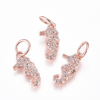 Brass Charms, with Micro Pave Cubic Zirconia and Jump Rings, Sea Horse, Clear