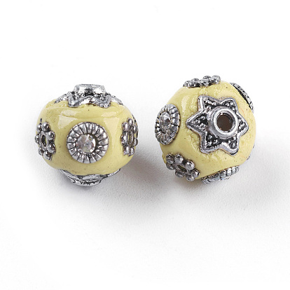 Perles Indonésiennes manuelles, avec des détails en métal et des strass en cristal, ronde