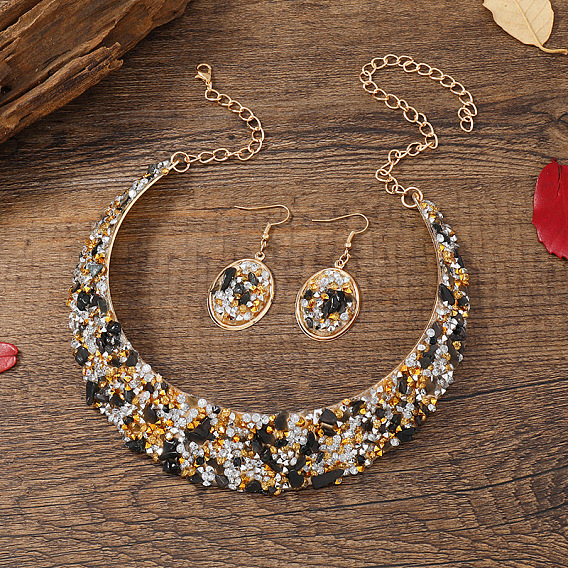 Комплект из овального чокера с пайетками и серег-подвесок из сплава, золотые