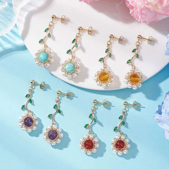 Цветок 304 Серьги-гвоздики из нержавеющей стали с кубическим цирконием, с натуральными и синтетическими драгоценными камнями и латунной фурнитурой для сережек, золотые