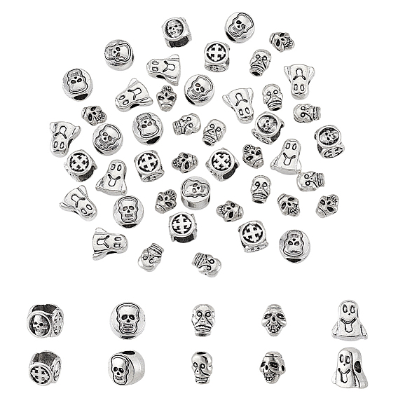 50 шт. 5 стили тибетского стиля бусины из цинкового сплава, античное серебро