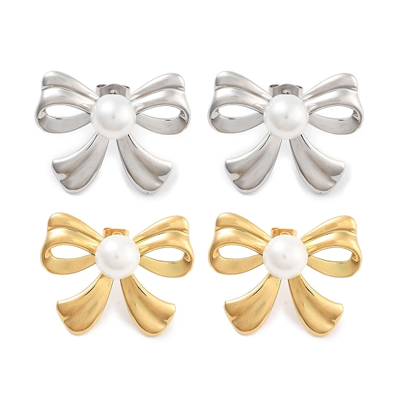304 Stainless Steel Stud Earrings, with ABS Imitation Pearl, Bowknot