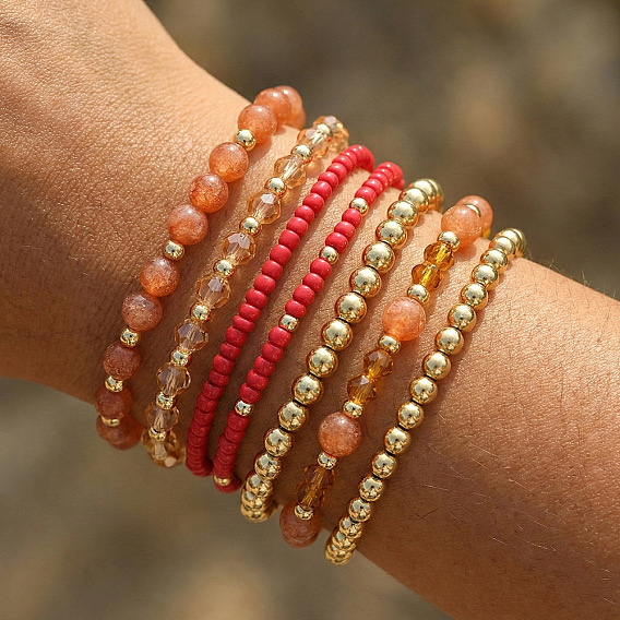 7шт. 7 стили круглых браслетов из бисера, латуни, натурального солнечного камня, цитрина и морганита для женщин