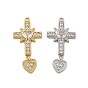 Латунные микропаве прозрачные подвески с фианитом, крестик с сердечками, стойки покрытие, долговечный, без свинца и без кадмия