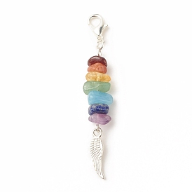 Chakra Theme Natural Gemstone Pendant Decorations, with Alloy Lobster Claw Clasps, Wing Pendant