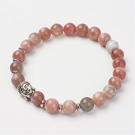 Bracelets élastiques de pierres précieuses naturelles, Avec perles en laiton et bijoux en alliage, ronde