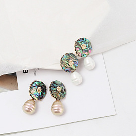 Chic Abalone Shell Inlaid Round Pearl Earrings - Fashionable and Unique Jewelry