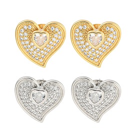 Серьги-гвоздики из латуни в форме сердца с прозрачным фианитом и паве