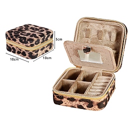 Mini Square Velvet Jewelry Set Organizer Case, Leopard Print Jewelry Zipper Boxes for Earrings, Rings, Necklaces
