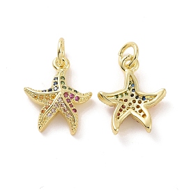 Brass Micro Pave Cubic Zirconia Pendants, with Jump Ring, Real 18K Gold Plated, Starfish Charms