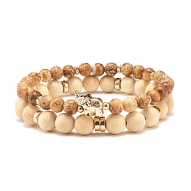 Elephant Stretch Bracelets Set for Girl Women, Natural Picture Jasper & Wood & Non-magnetic Synthetic Hematite Beads Energy Power Bracelets, Golden