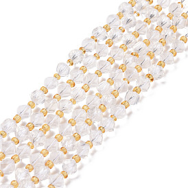 Natural Quartz Crystal Beads Strands, with Seed Beads, Faceted, Diagonal Cube Beads