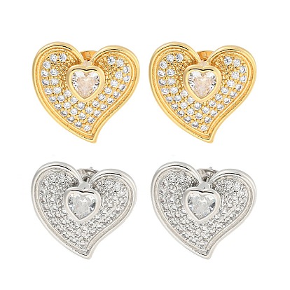 Серьги-гвоздики из латуни в форме сердца с прозрачным фианитом и паве