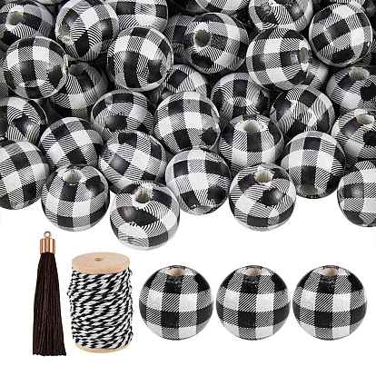 50Pcs Wooden Round Beads with Tartan Pattern, 10Pcs Polyester Tassel Big Pendant Decorations, 1 Roll Cotton String Threads, for DIY Jewelry Finding Kits