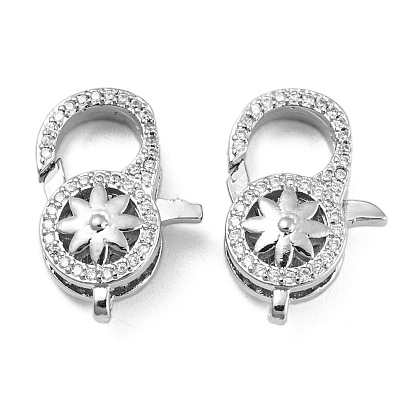 Brass Micro Pave Clear Cubic Zirconia Lobster Claw Clasps, Flower