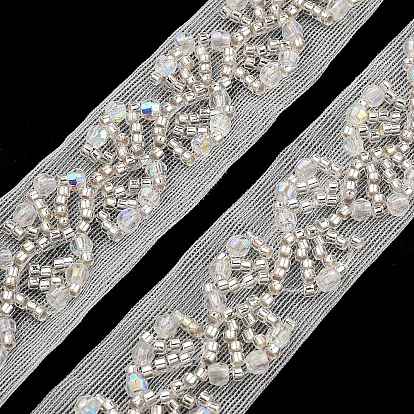 Polyester Flower Lace Trims, with ABS Imitation Pearl Beads and Glass