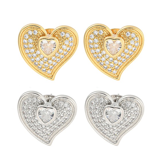 Серьги-гвоздики из латуни в форме сердца с прозрачным фианитом и паве