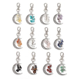 12 pièces 12 styles pendentifs lune en alliage décorations, avec des perles de copeaux de pierres naturelles et synthétiques, et alliage homard fermoirs pince