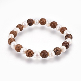 Natural Pearl Stretch Bracelets, with Sandalwood Beads