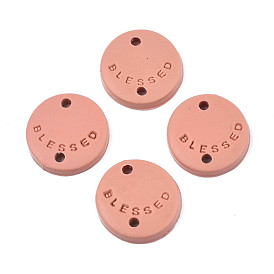 Handmade Polymer Clay Connector Charms, Flat Round with Word Blessed