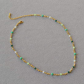 Handmade Green Gemstone Beaded Short Necklace - Delicate Spring Vibe, Unique Collarbone Chain.