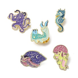 Cute Deep Sea Animal Enamel Pins, Jellyfish Hermit Crab Octopus Badge, Golden Alloy Brooch for Backpack Clothes