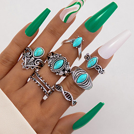 Boho Style Turquoise Inlaid Flower Diamond Ring Set (7pcs)
