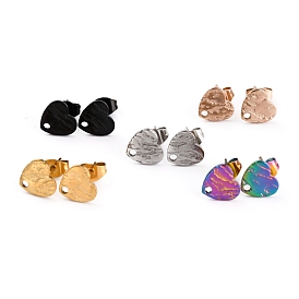 Ion Plating(IP) 304 Stainless Steel Stud Earring Findings, with Ear Nuts/Earring Backs and Hole, Heart Shape with Textured