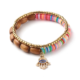 Natural Wood & Polymer Clay Heishi Beads Stretch Bracelets Set, Hamsa Hand with Evil Eye Charm Lucky Bracelets for Women