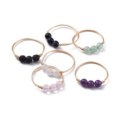 Natural Gemstone Finger Rings, with Brass Copper Jewelry Wire, Golden