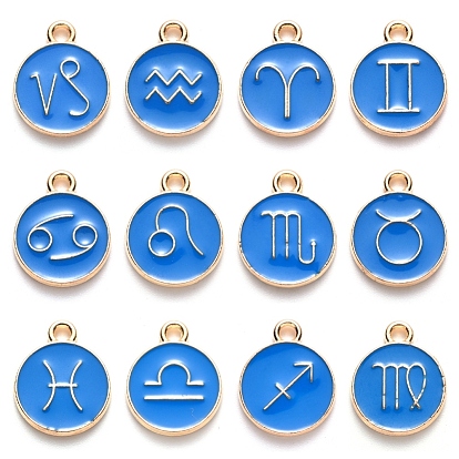 Alloy Enamel Pendants, Flat Round with Constellation/Zodiac Sign