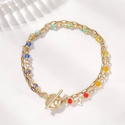 304 Многорядный браслет из нержавеющей стали в виде цепочки из скрепок и стеклянных бусин для женщин, с 304 из нержавеющей стали тумблеров застежками