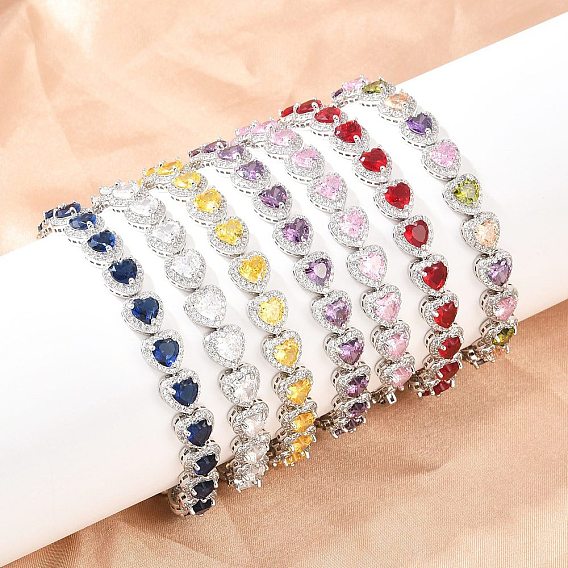 Теннисные браслеты из платиновой латуни с микропаве из кубических цирконий, браслеты для женщин, сердце, с группы часы застежками, долговечный