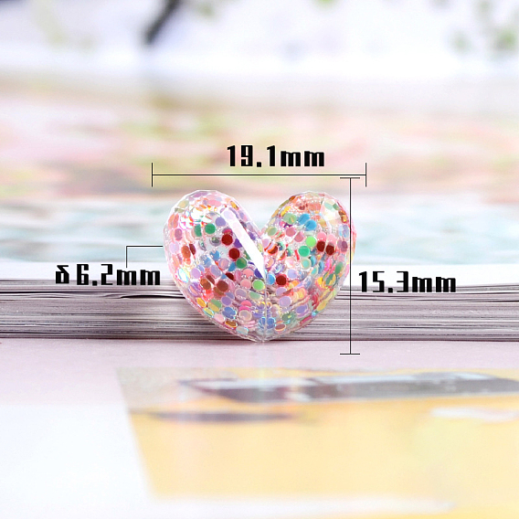 Transparent Resin Cabochons, Heart with Laser Sequins