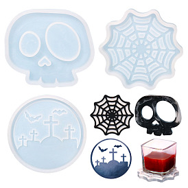 DIY Silicone Coaster Molds, Resin Casting Molds, Skull/Round with Graveyard/Spider Web