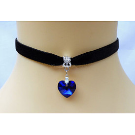 Crystal Heart Pendant Necklace with Velvet Ribbon - European and American Style