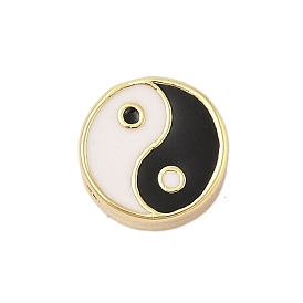 Rack Plating Brass Enamel Beads, Lead Free & Cadmium Free, Long-Lasting Plated, Flat Round with Yin-yang, Real 18K Gold Plated