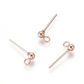 304 Stainless Steel Ball Stud Earring Post, Earring Findings, with Loop, Round
