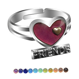 Enamel Heart Mood Ring, Word Friends Temperature Change Color Emotion Feeling Alloy Adjustable Ring for Women