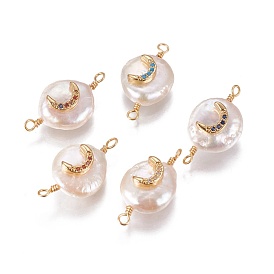 Natural Pearl Links/Connectors, with Cubic Zirconia and Brass Findings, Flat Round with Moon