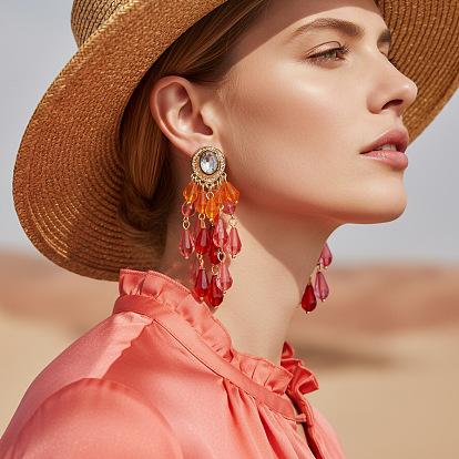 Zinc Alloy Acrylic Teardrop Tassel Stud Earrings for Women, Light Gold